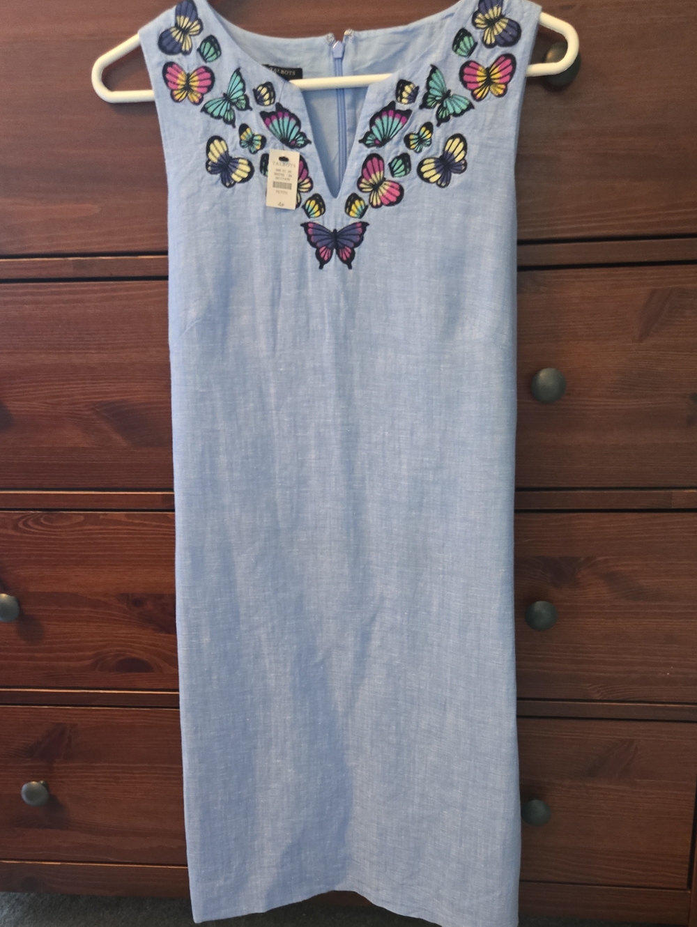 TALBOTSLight Blue Sleeveless Shift Dress with Embroidered Multicolor Butterflies
